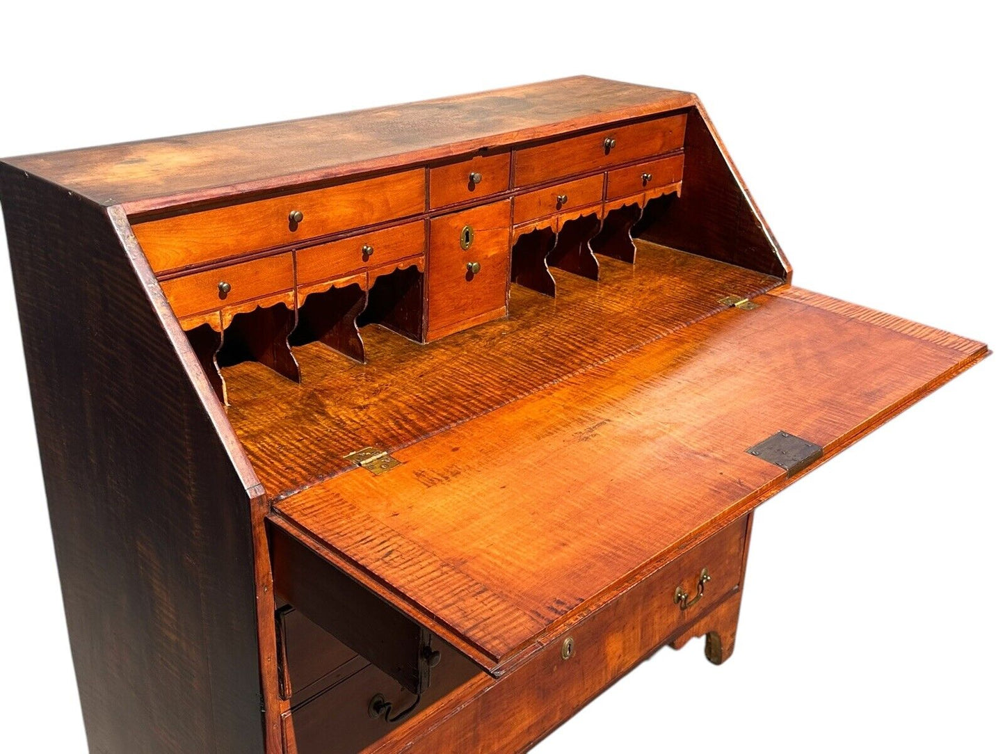 Antique Chippendale New England Tiger Maple & Cherry Slant Lid Desk Circa 1780 - Bay Colony Antiques Antiques:Furniture:Desks & Secretaries