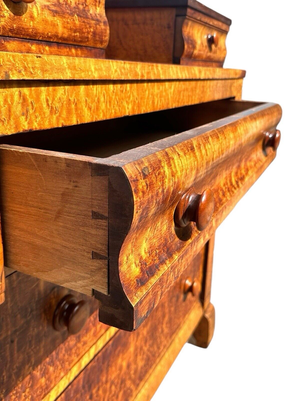 Antique Federal Period Kentucky Bird's Eye Maple Gentleman's Dresser With Mirror - Bay Colony Antiques Antiques:Furniture:Dressers & Chests of Drawers