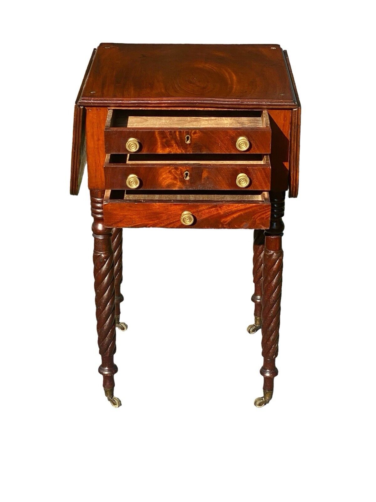 Antique Massachusetts 3 Drawer Dropleaf Worktable With Rope Carved Legs - Bay Colony Antiques Antiques:Furniture:Tables