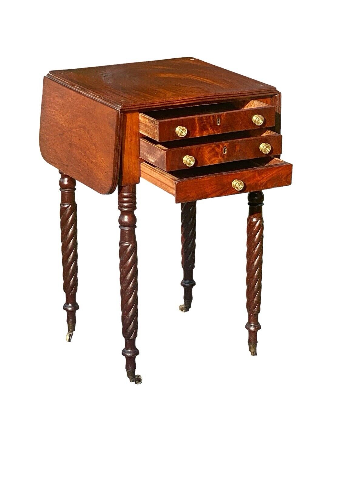 Antique Massachusetts 3 Drawer Dropleaf Worktable With Rope Carved Legs - Bay Colony Antiques Antiques:Furniture:Tables