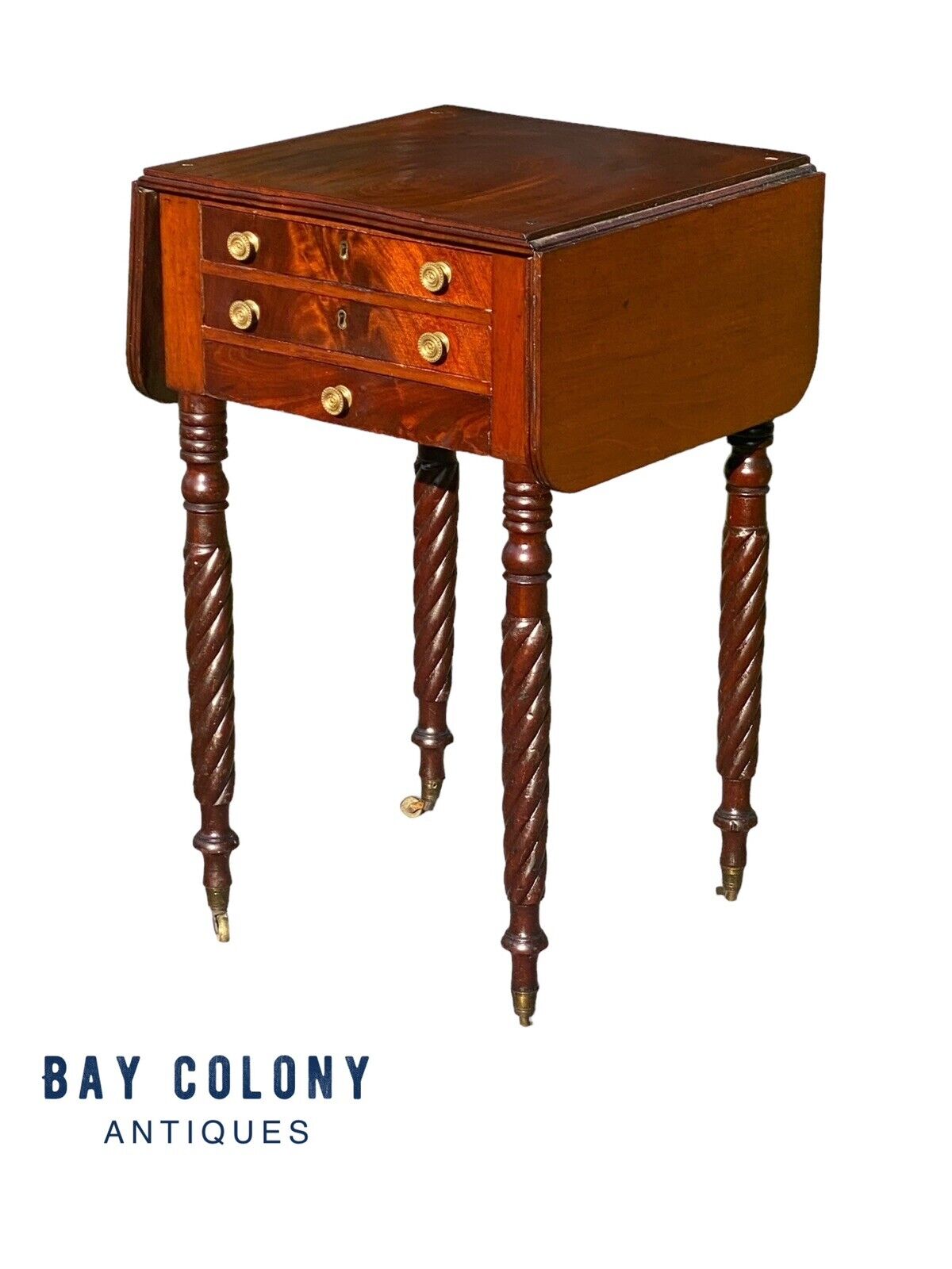 Antique Massachusetts 3 Drawer Dropleaf Worktable With Rope Carved Legs - Bay Colony Antiques Antiques:Furniture:Tables