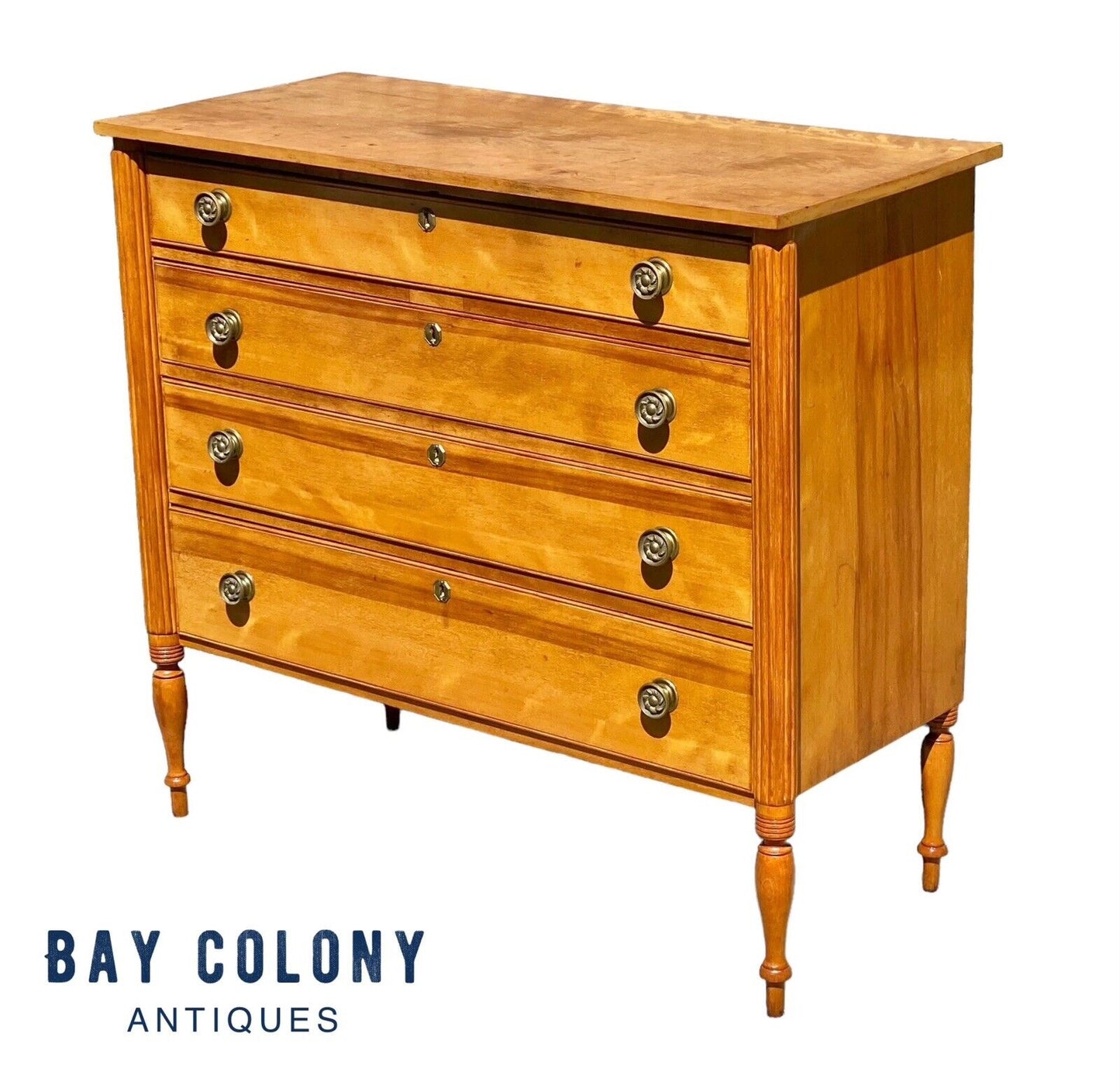 Antique New Hampshire Flame Birch Sheraton Chest Of Drawers / Dresser - Bay Colony Antiques Antiques:Furniture:Dressers & Chests of Drawers