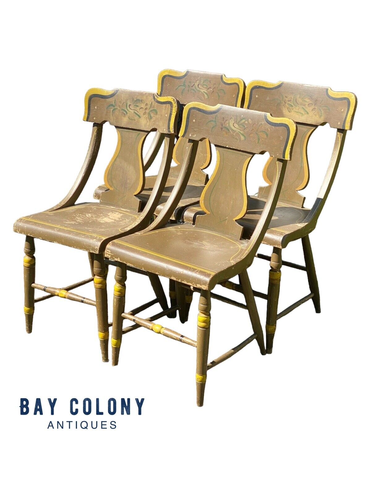 Antique Set of 4 New England Sheraton Fancy Paint Dining Chairs - Bay Colony Antiques Antiques:Furniture:Chairs