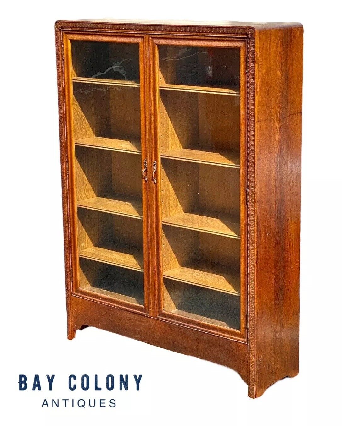 Antique Victorian Oak Double Door Bookcase / Cabinet With Shell Carved Corners - Bay Colony Antiques Antiques:Furniture:Cabinets & Cupboards