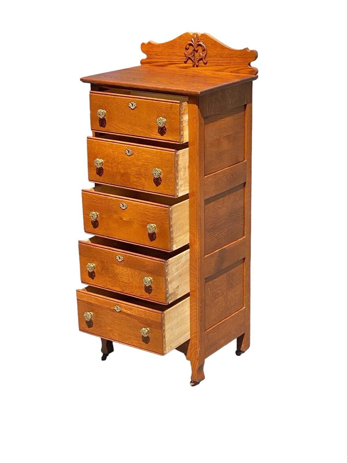 Antique Victorian Oak Five Drawer Lingerie Chest With Scrolled & Carved Gallery - Bay Colony Antiques Antiques:Furniture:Dressers & Chests of Drawers