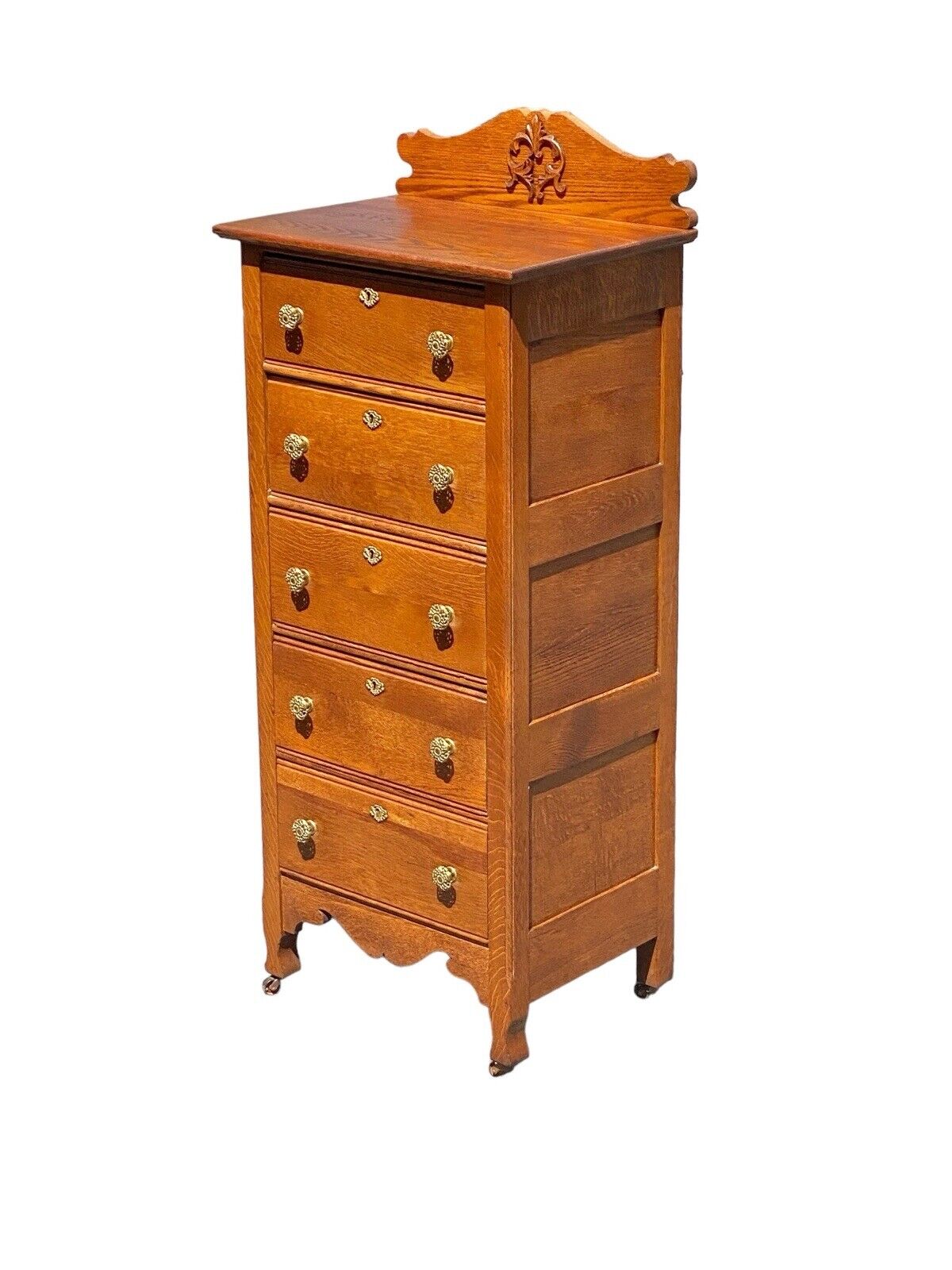 Antique Victorian Oak Five Drawer Lingerie Chest With Scrolled & Carved Gallery - Bay Colony Antiques Antiques:Furniture:Dressers & Chests of Drawers