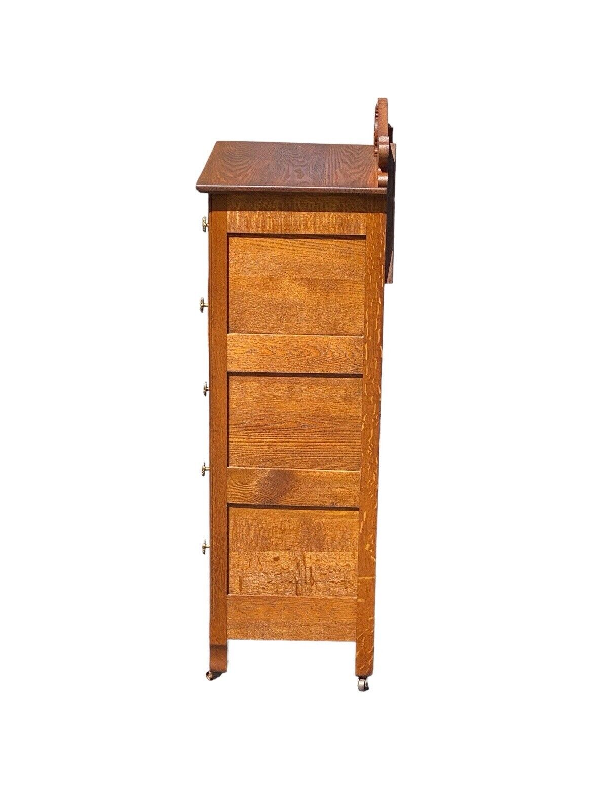 Antique Victorian Oak Five Drawer Lingerie Chest With Scrolled & Carved Gallery - Bay Colony Antiques Antiques:Furniture:Dressers & Chests of Drawers