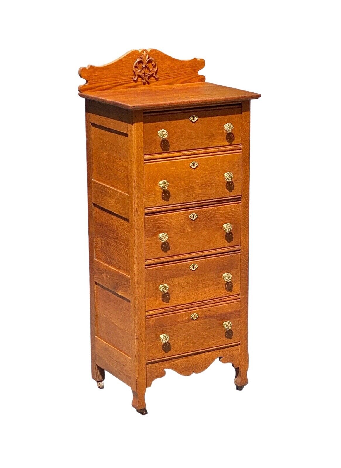 Antique Victorian Oak Five Drawer Lingerie Chest With Scrolled & Carved Gallery - Bay Colony Antiques Antiques:Furniture:Dressers & Chests of Drawers