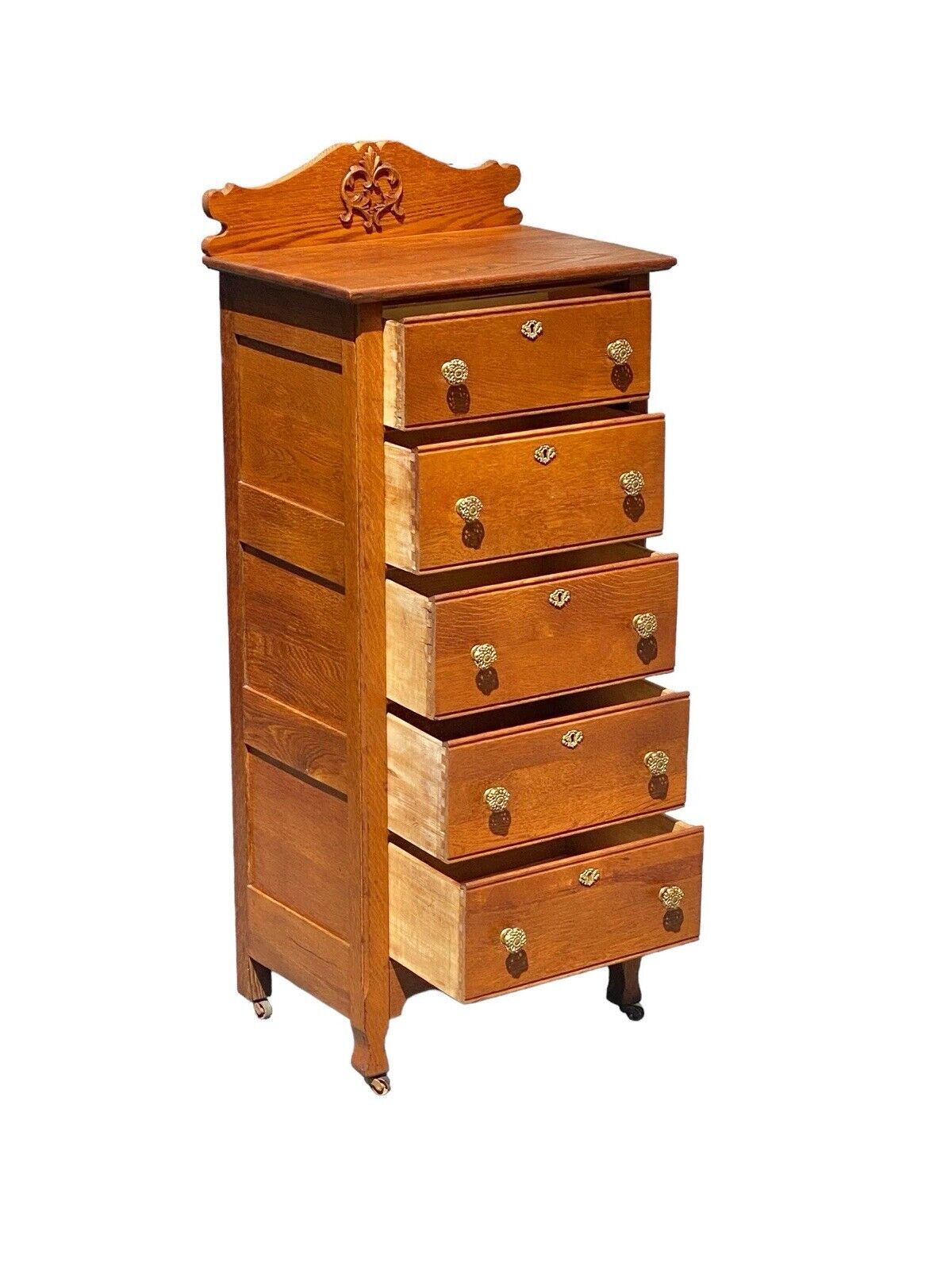 Antique Victorian Oak Five Drawer Lingerie Chest With Scrolled & Carved Gallery - Bay Colony Antiques Antiques:Furniture:Dressers & Chests of Drawers