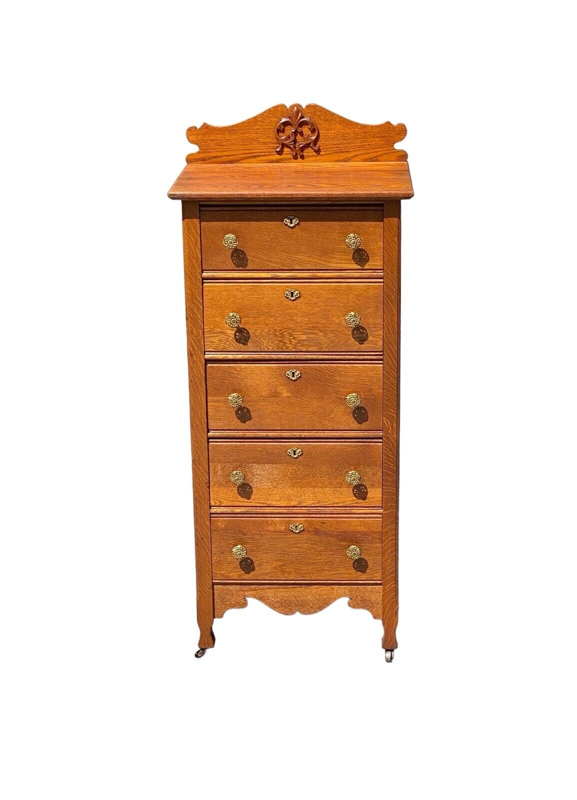 Antique Victorian Oak Five Drawer Lingerie Chest With Scrolled & Carved Gallery - Bay Colony Antiques Antiques:Furniture:Dressers & Chests of Drawers