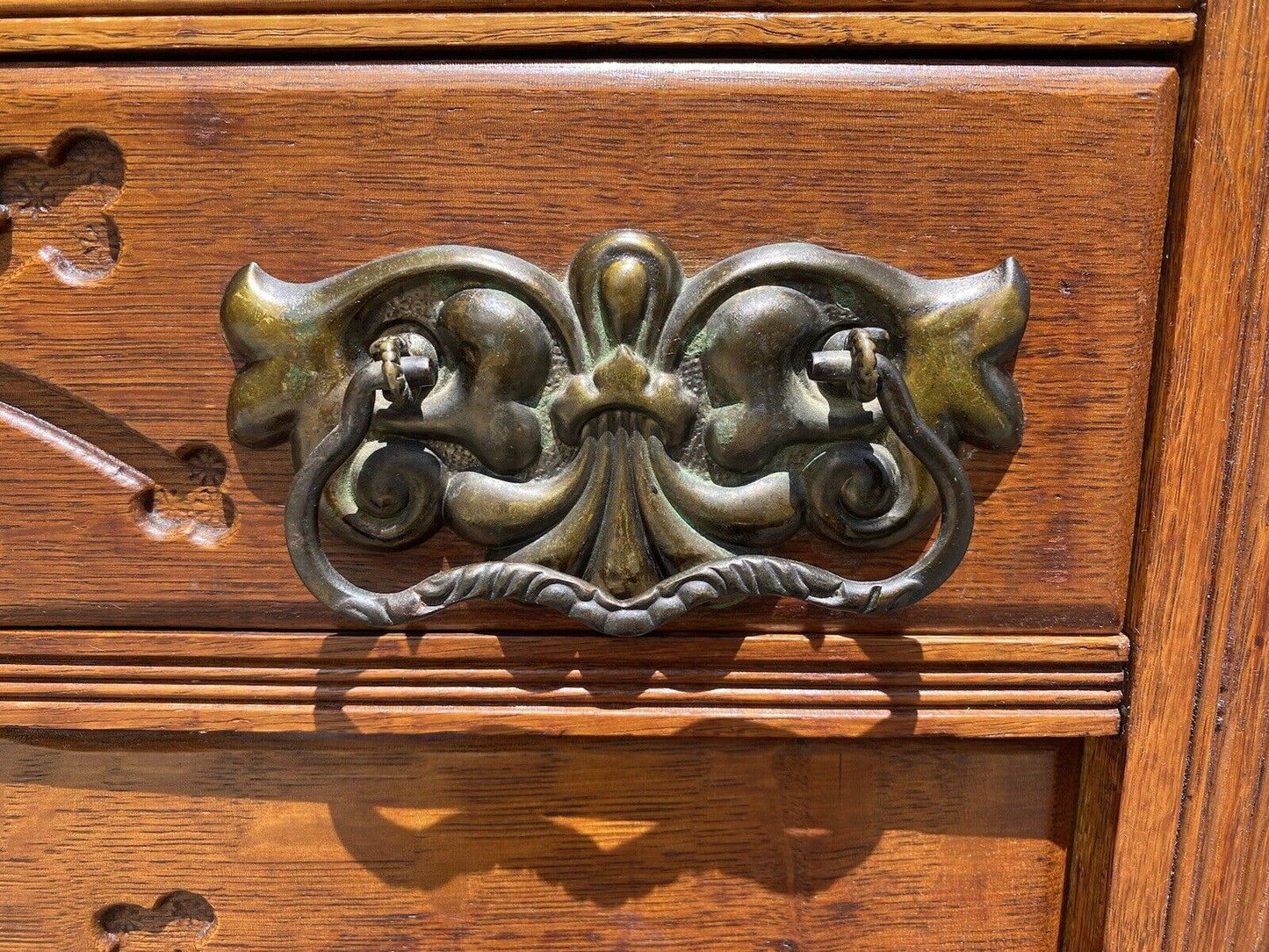 Antique Victorian Oak Lingerie Chest With Floral Carved Hatbox & Brass Hardware - Bay Colony Antiques Antiques:Furniture:Dressers & Chests of Drawers