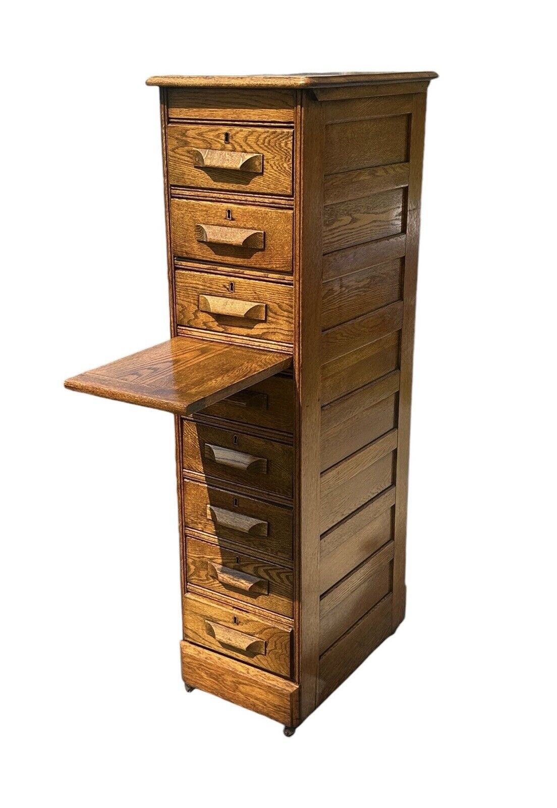 Antique Victorian Oak Raised Panel Eight Drawer Cabinet - Pull Out Writing Shelf - Bay Colony Antiques Antiques:Furniture:Cabinets & Cupboards