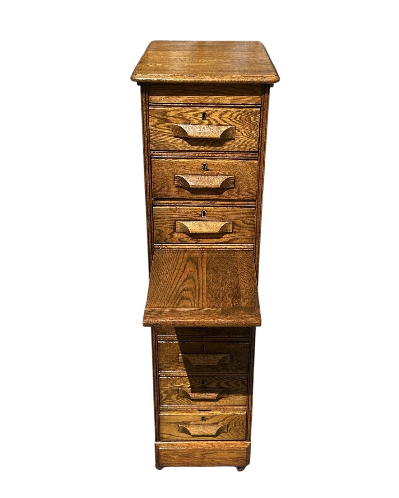 Antique Victorian Oak Raised Panel Eight Drawer Cabinet - Pull Out Writing Shelf - Bay Colony Antiques Antiques:Furniture:Cabinets & Cupboards