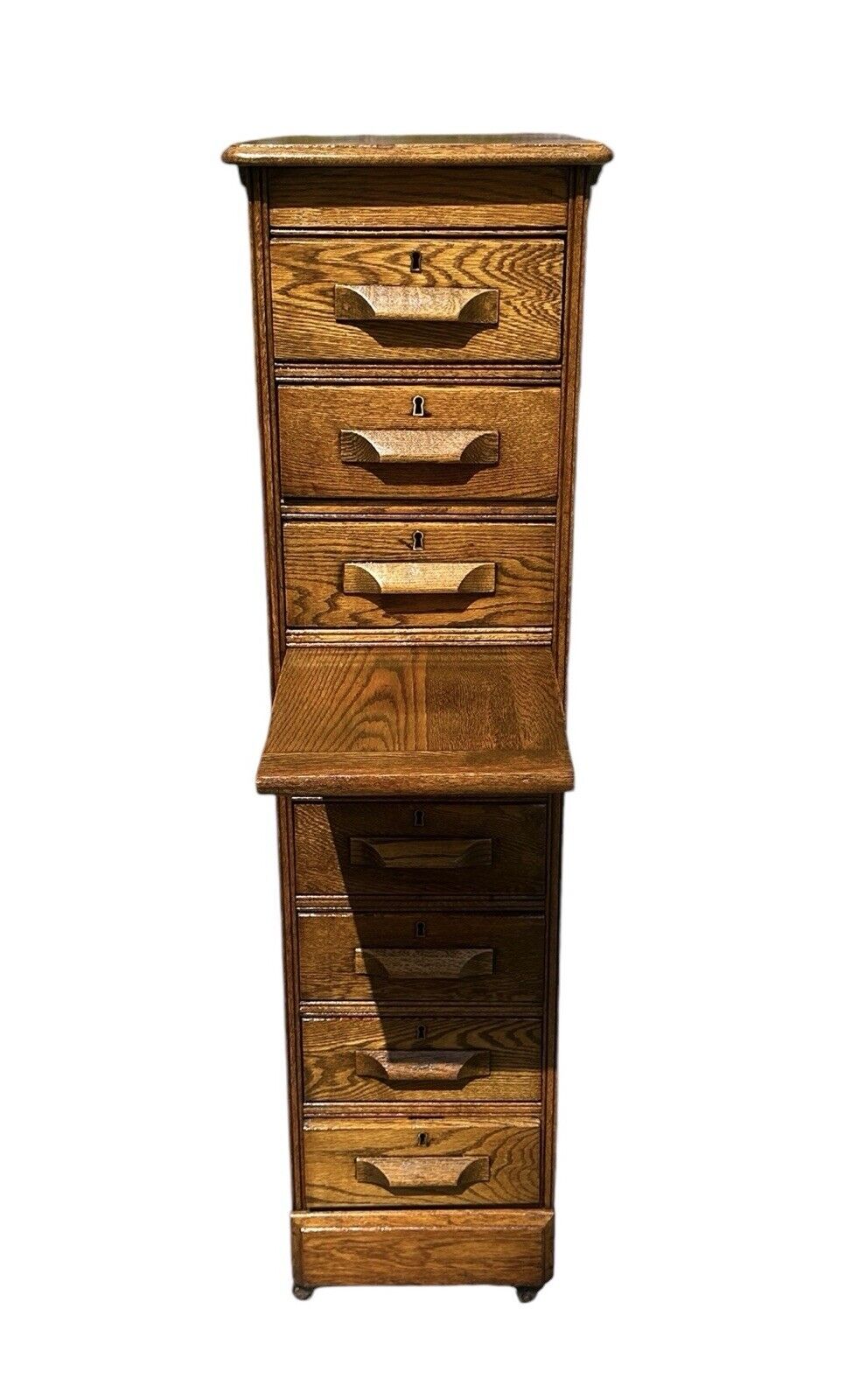 Antique Victorian Oak Raised Panel Eight Drawer Cabinet - Pull Out Writing Shelf - Bay Colony Antiques Antiques:Furniture:Cabinets & Cupboards