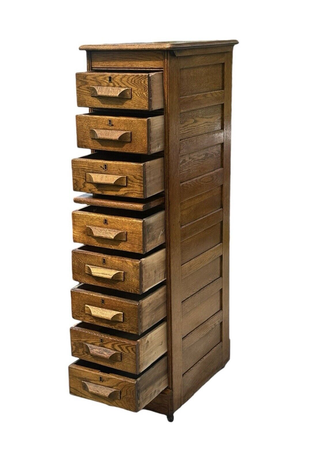 Antique Victorian Oak Raised Panel Eight Drawer Cabinet - Pull Out Writing Shelf - Bay Colony Antiques Antiques:Furniture:Cabinets & Cupboards