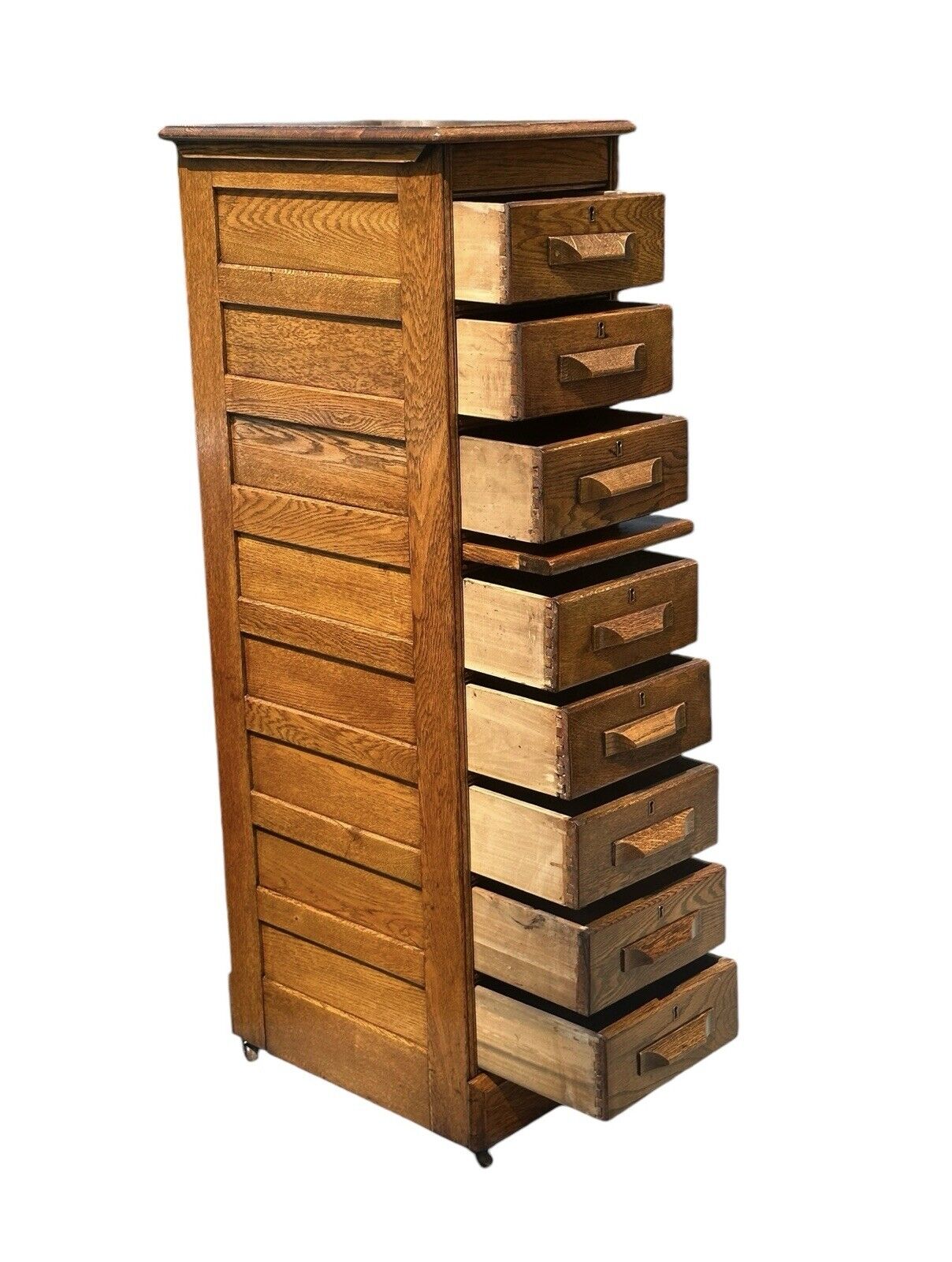 Antique Victorian Oak Raised Panel Eight Drawer Cabinet - Pull Out Writing Shelf - Bay Colony Antiques Antiques:Furniture:Cabinets & Cupboards