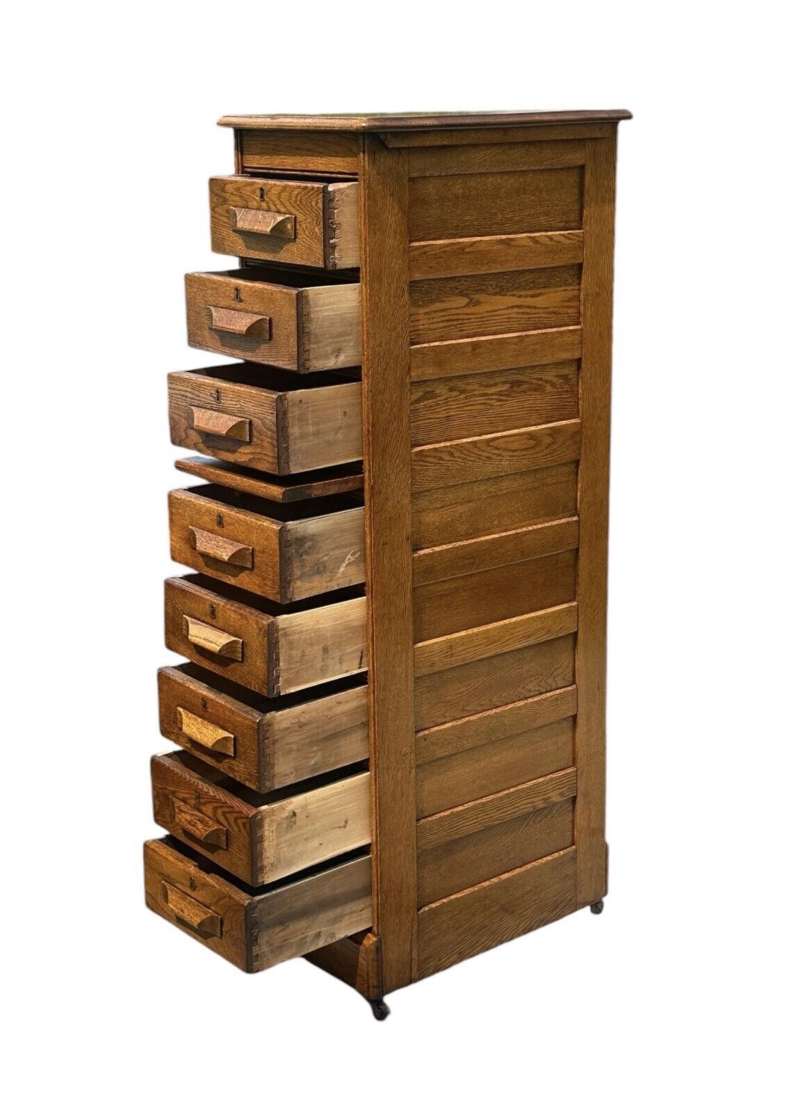 Antique Victorian Oak Raised Panel Eight Drawer Cabinet - Pull Out Writing Shelf - Bay Colony Antiques Antiques:Furniture:Cabinets & Cupboards