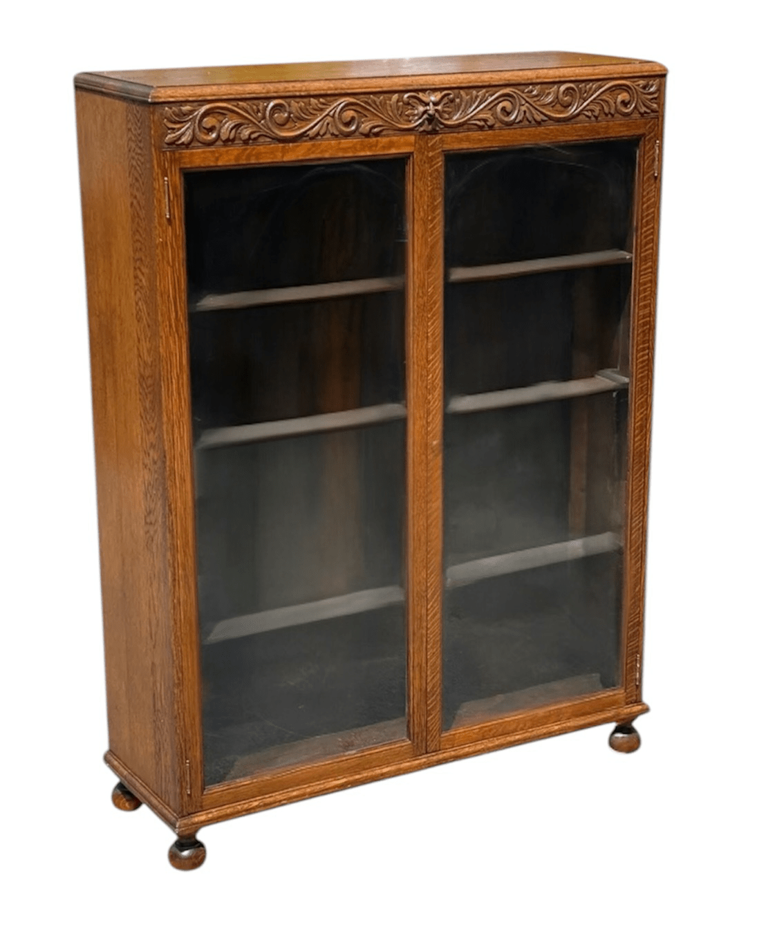 Antique Victorian Tiger Oak Double Door Bookcase With Grotesque Carved Frieze - Bay Colony Antiques Antiques:Furniture:Bookcases