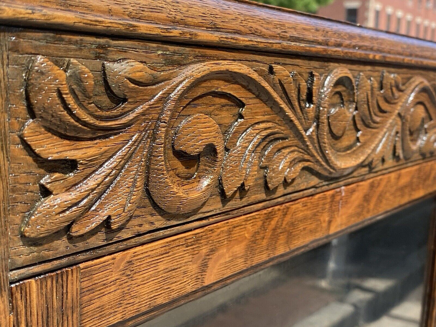 Antique Victorian Tiger Oak Double Door Bookcase With Grotesque Carved Frieze - Bay Colony Antiques Antiques:Furniture:Bookcases