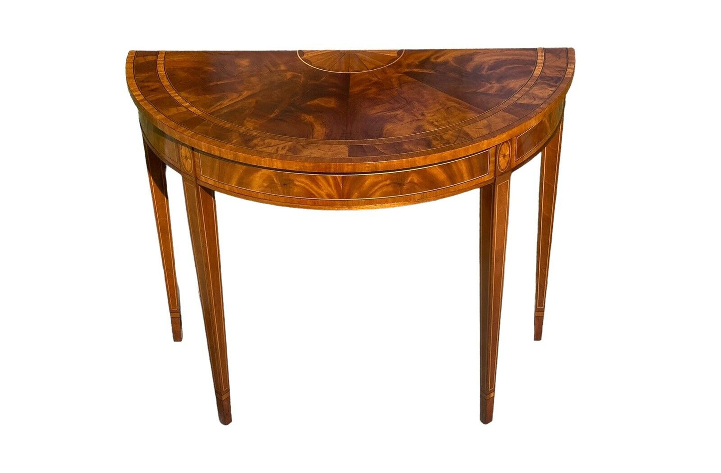 Council Craftsman Federal Style Mahogany Demilune Console Table With Fan Inlay - Bay Colony Antiques Antiques:Furniture:Tables