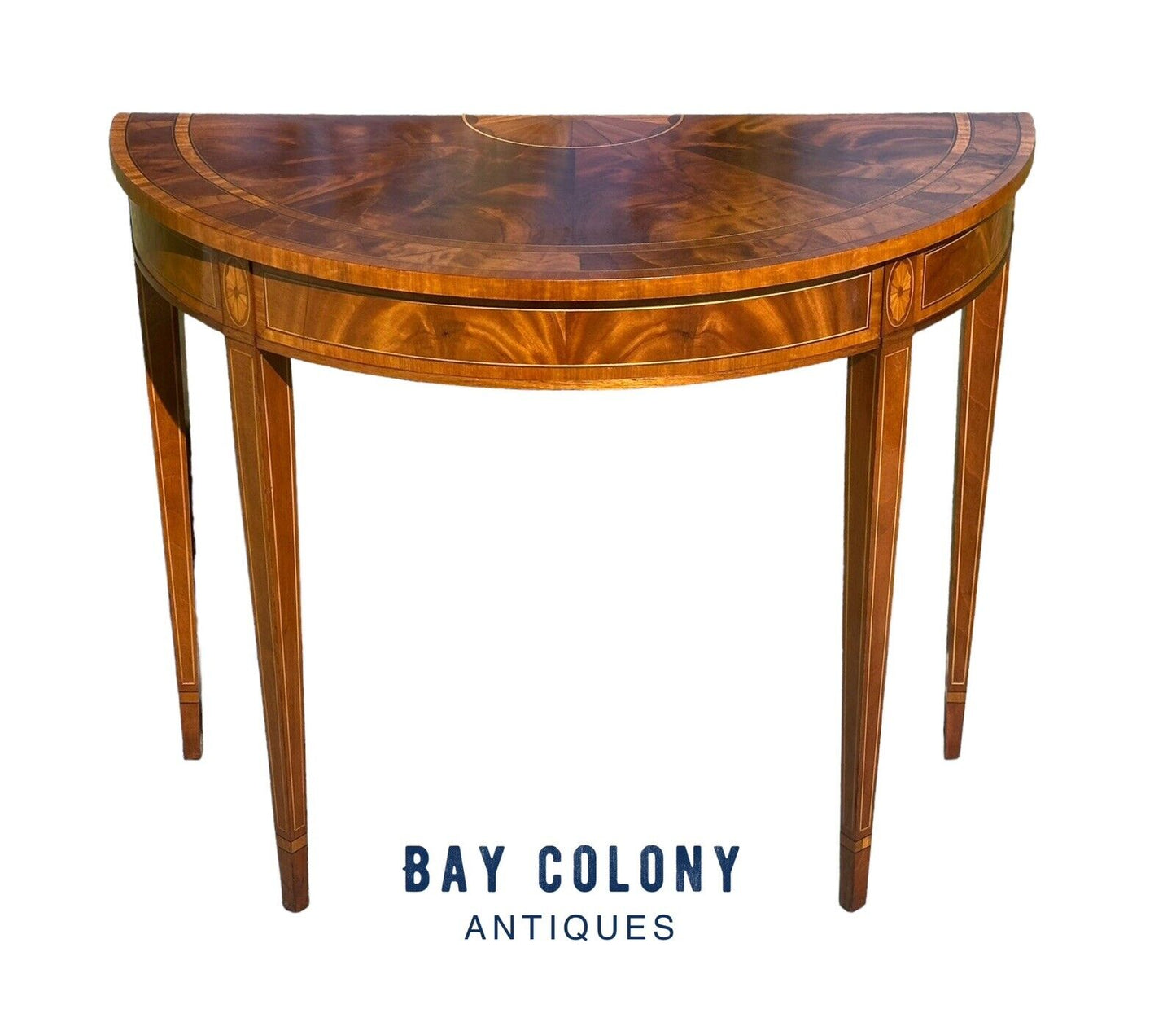 Council Craftsman Federal Style Mahogany Demilune Console Table With Fan Inlay - Bay Colony Antiques Antiques:Furniture:Tables