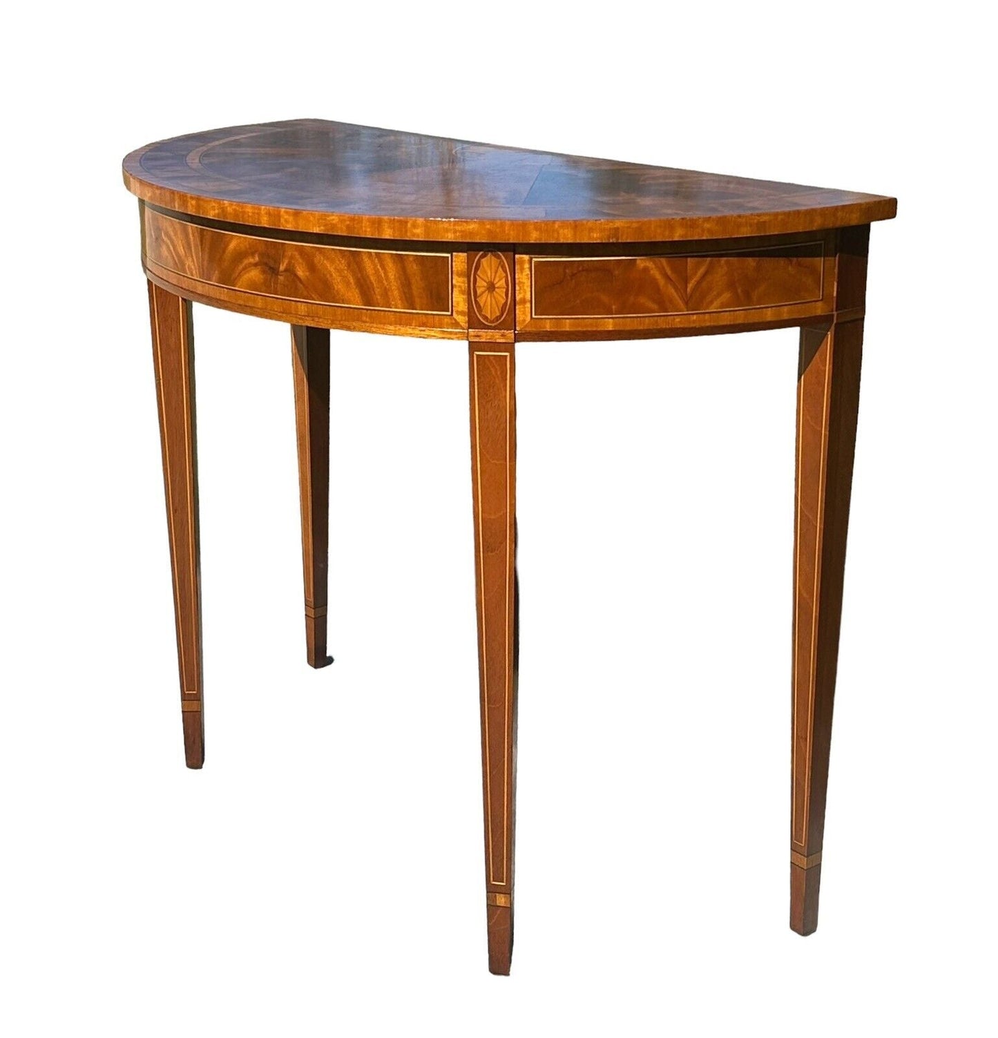 Council Craftsman Federal Style Mahogany Demilune Console Table With Fan Inlay - Bay Colony Antiques Antiques:Furniture:Tables