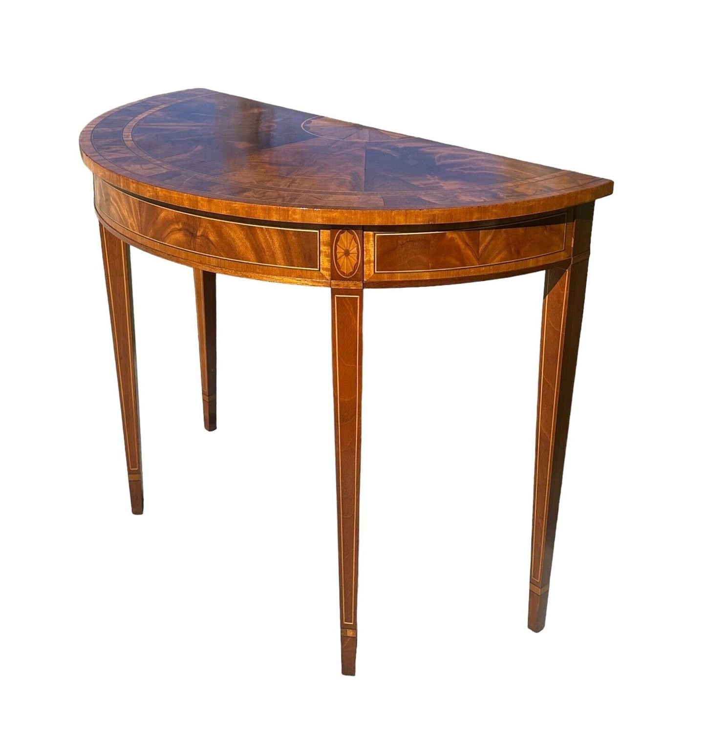 Council Craftsman Federal Style Mahogany Demilune Console Table With Fan Inlay - Bay Colony Antiques Antiques:Furniture:Tables