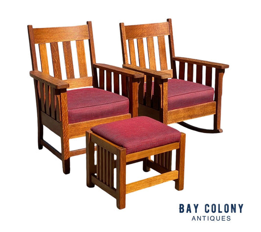 Pair of Antique Arts & Crafts Mission Oak Arm Chairs With Matching Footstool - Bay Colony Antiques Antiques:Furniture:Chairs