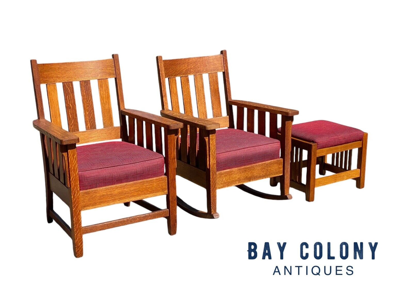 Pair of Antique Arts & Crafts Mission Oak Arm Chairs With Matching Footstool - Bay Colony Antiques Antiques:Furniture:Chairs