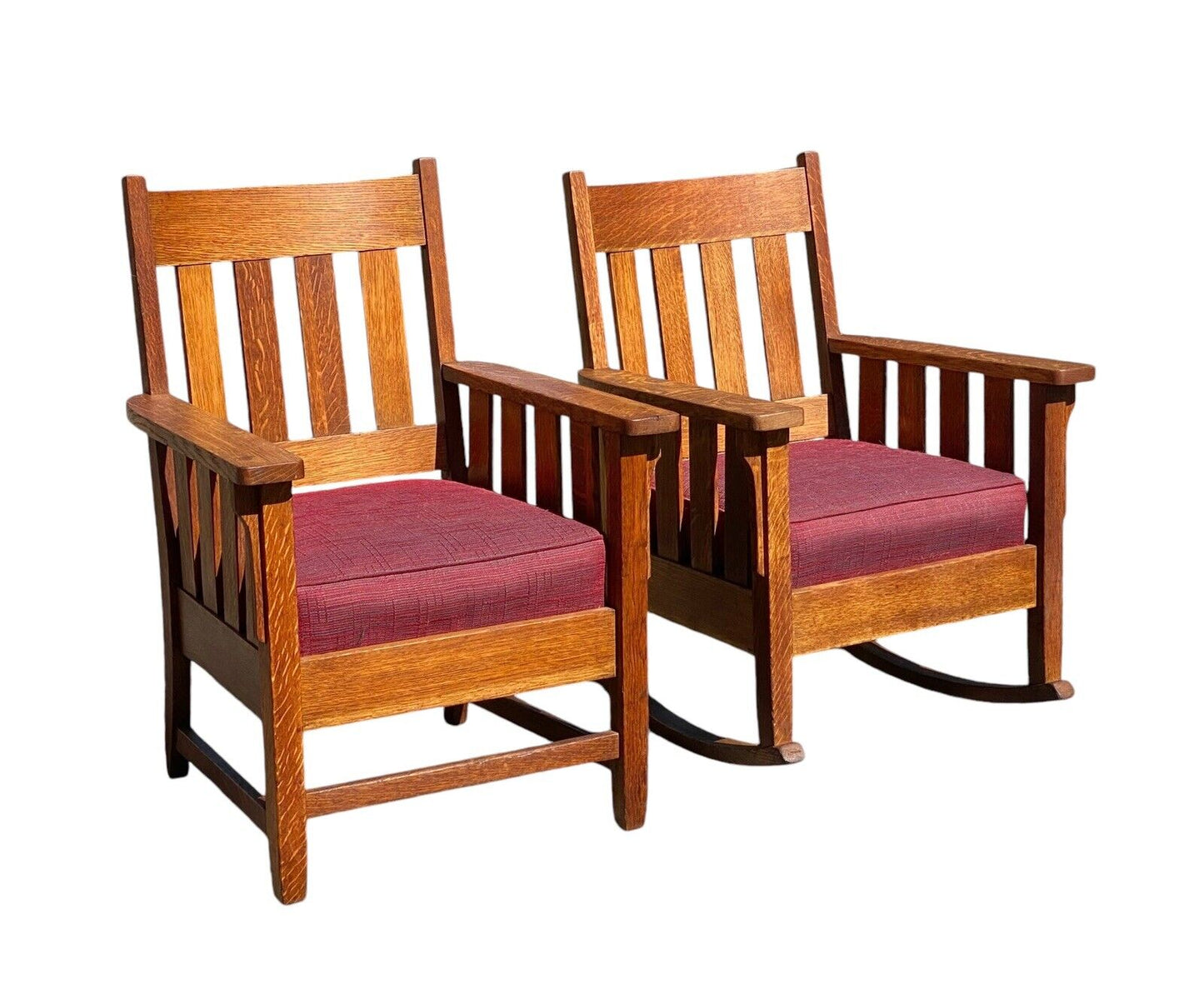 Pair of Antique Arts & Crafts Mission Oak Arm Chairs With Matching Footstool - Bay Colony Antiques Antiques:Furniture:Chairs