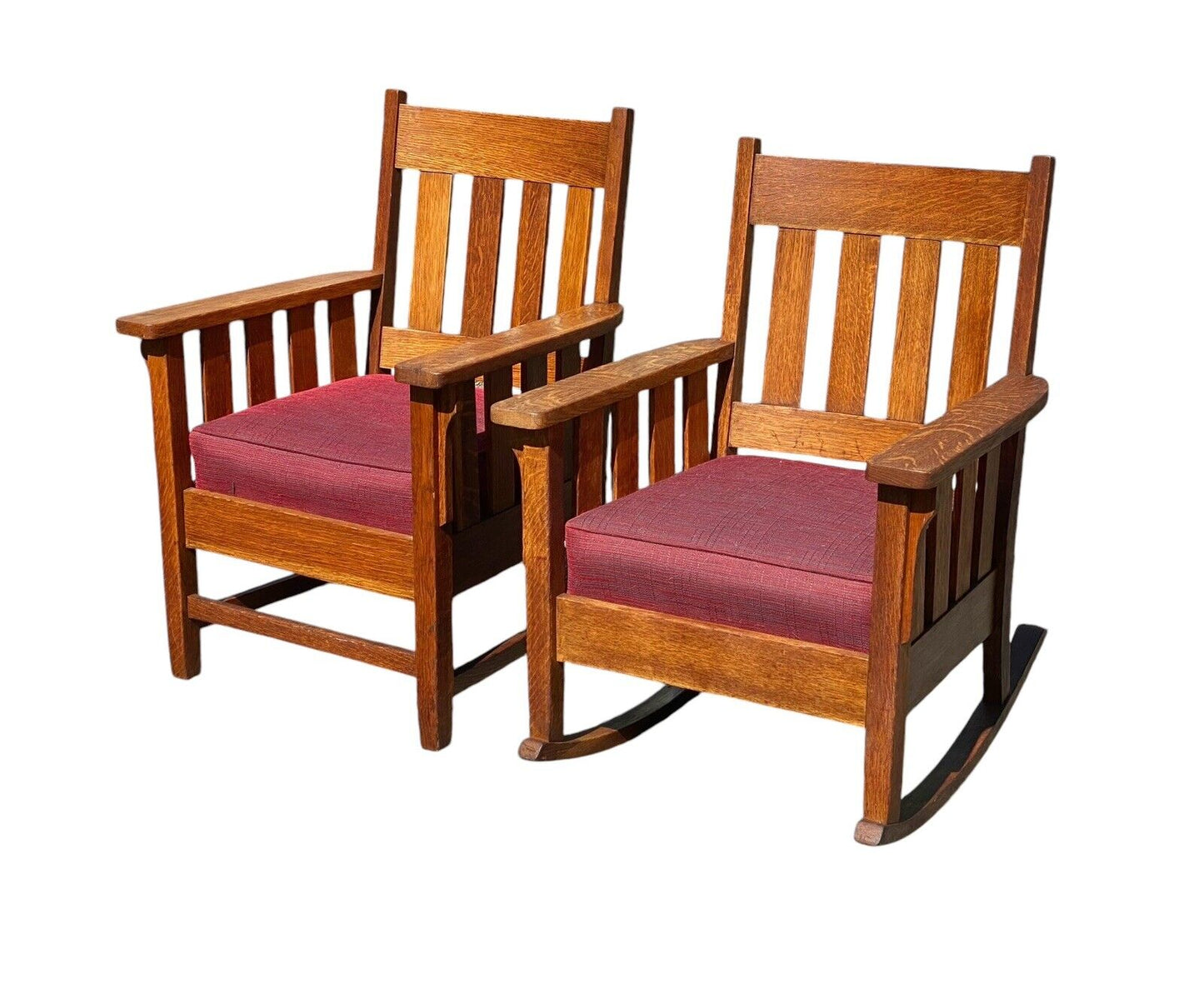 Pair of Antique Arts & Crafts Mission Oak Arm Chairs With Matching Footstool - Bay Colony Antiques Antiques:Furniture:Chairs