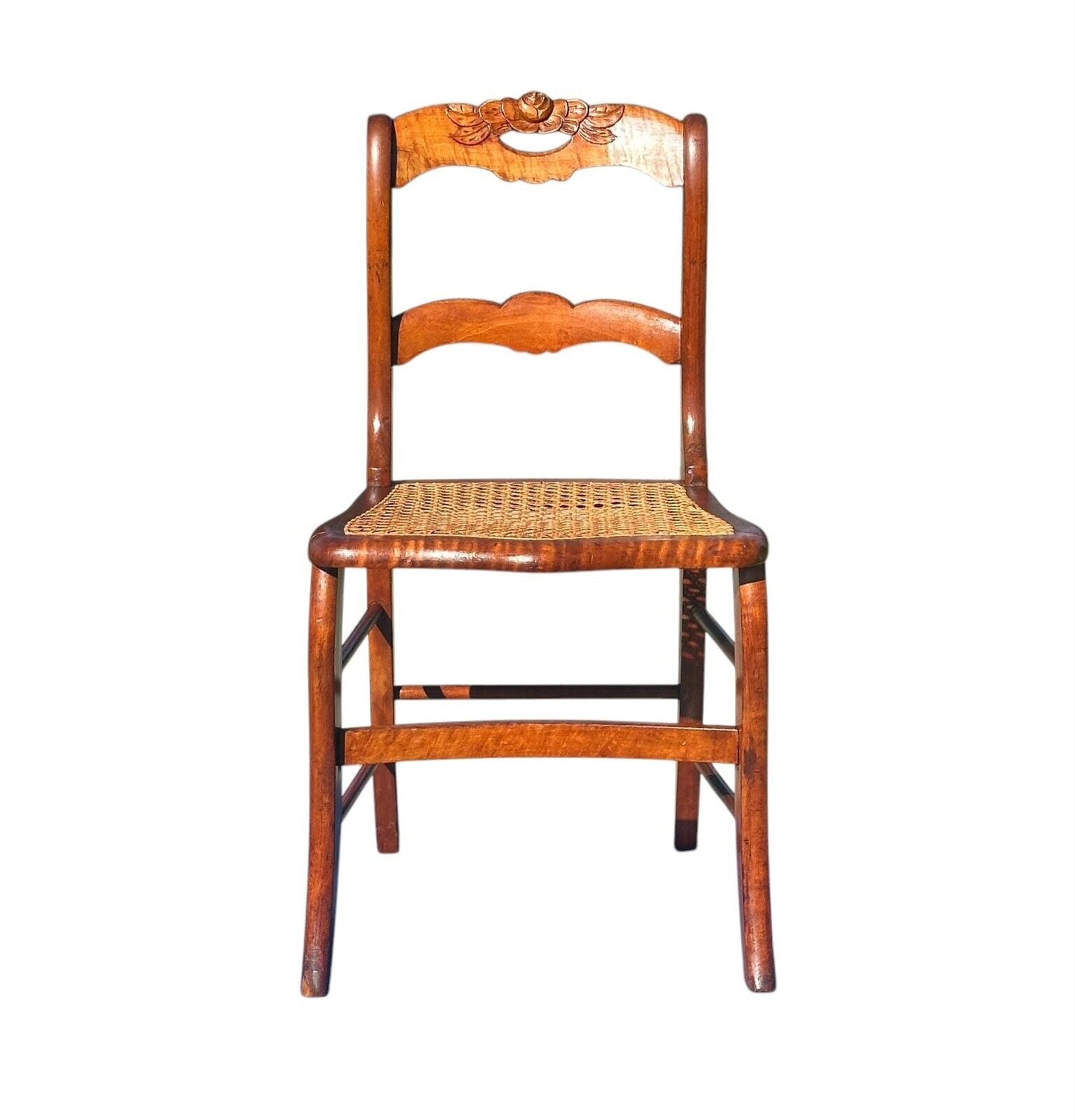 Pair of Antique Federal Period Tiger Maple Side Chairs With Rose Carved Crests - Bay Colony Antiques Antiques:Furniture:Chairs