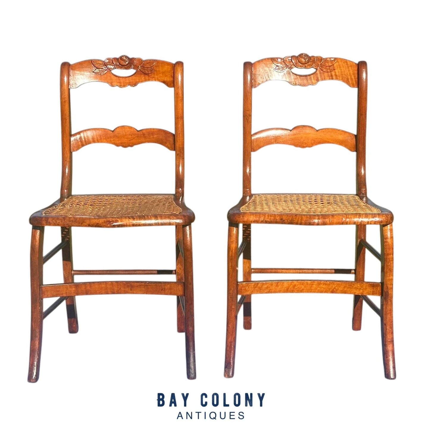 Pair of Antique Federal Period Tiger Maple Side Chairs With Rose Carved Crests - Bay Colony Antiques Antiques:Furniture:Chairs