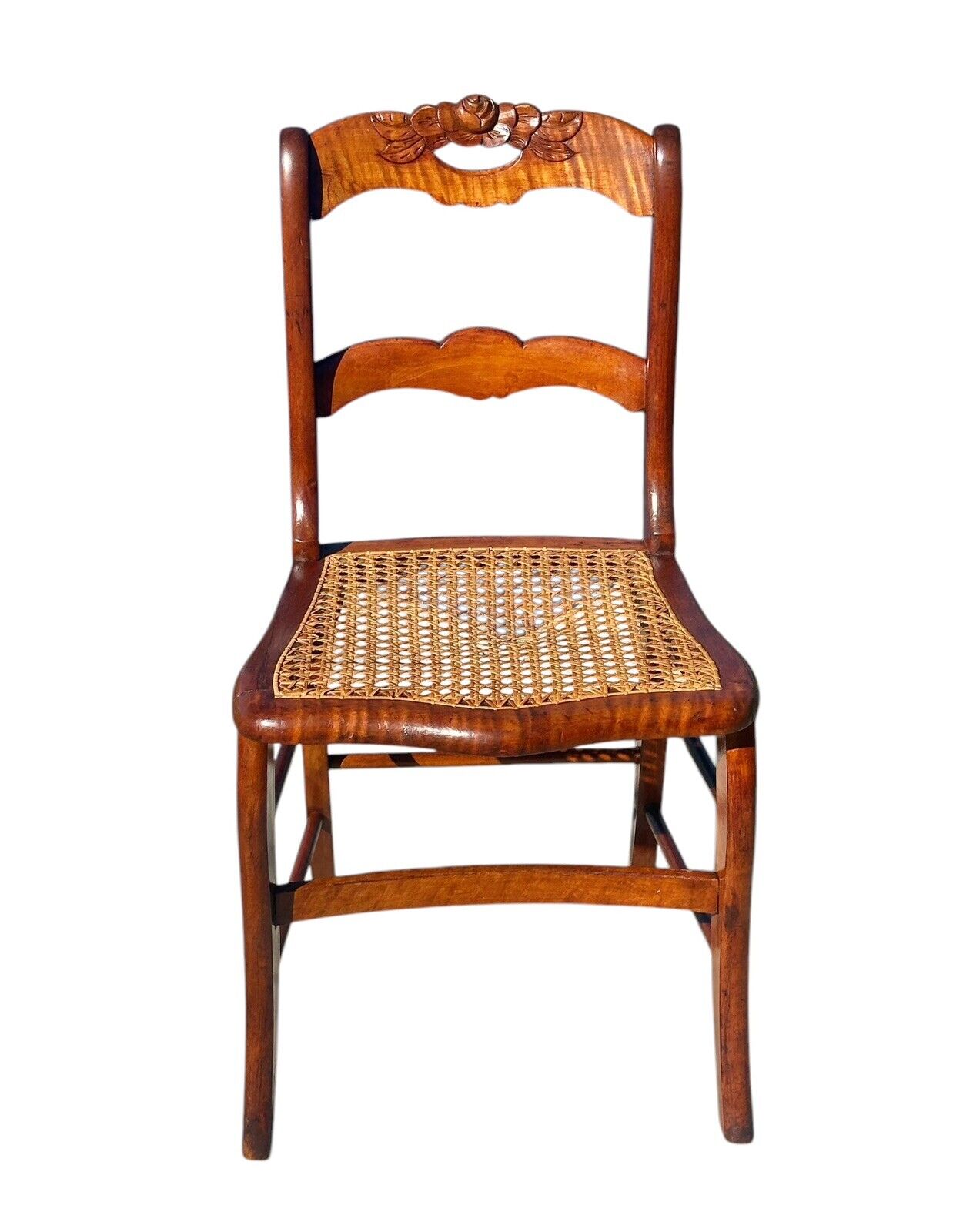 Pair of Antique Federal Period Tiger Maple Side Chairs With Rose Carved Crests - Bay Colony Antiques Antiques:Furniture:Chairs
