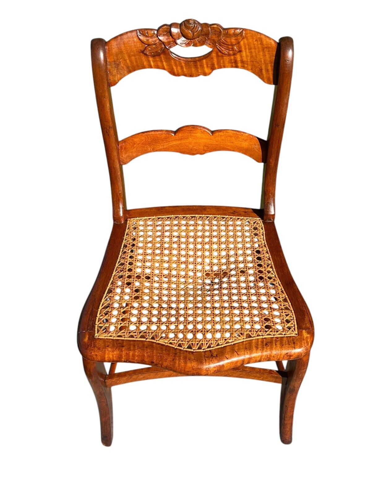 Pair of Antique Federal Period Tiger Maple Side Chairs With Rose Carved Crests - Bay Colony Antiques Antiques:Furniture:Chairs