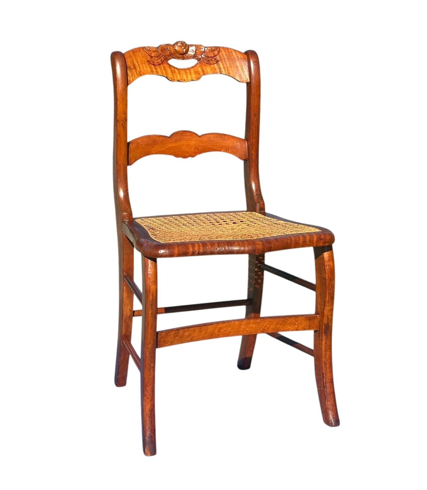Pair of Antique Federal Period Tiger Maple Side Chairs With Rose Carved Crests - Bay Colony Antiques Antiques:Furniture:Chairs