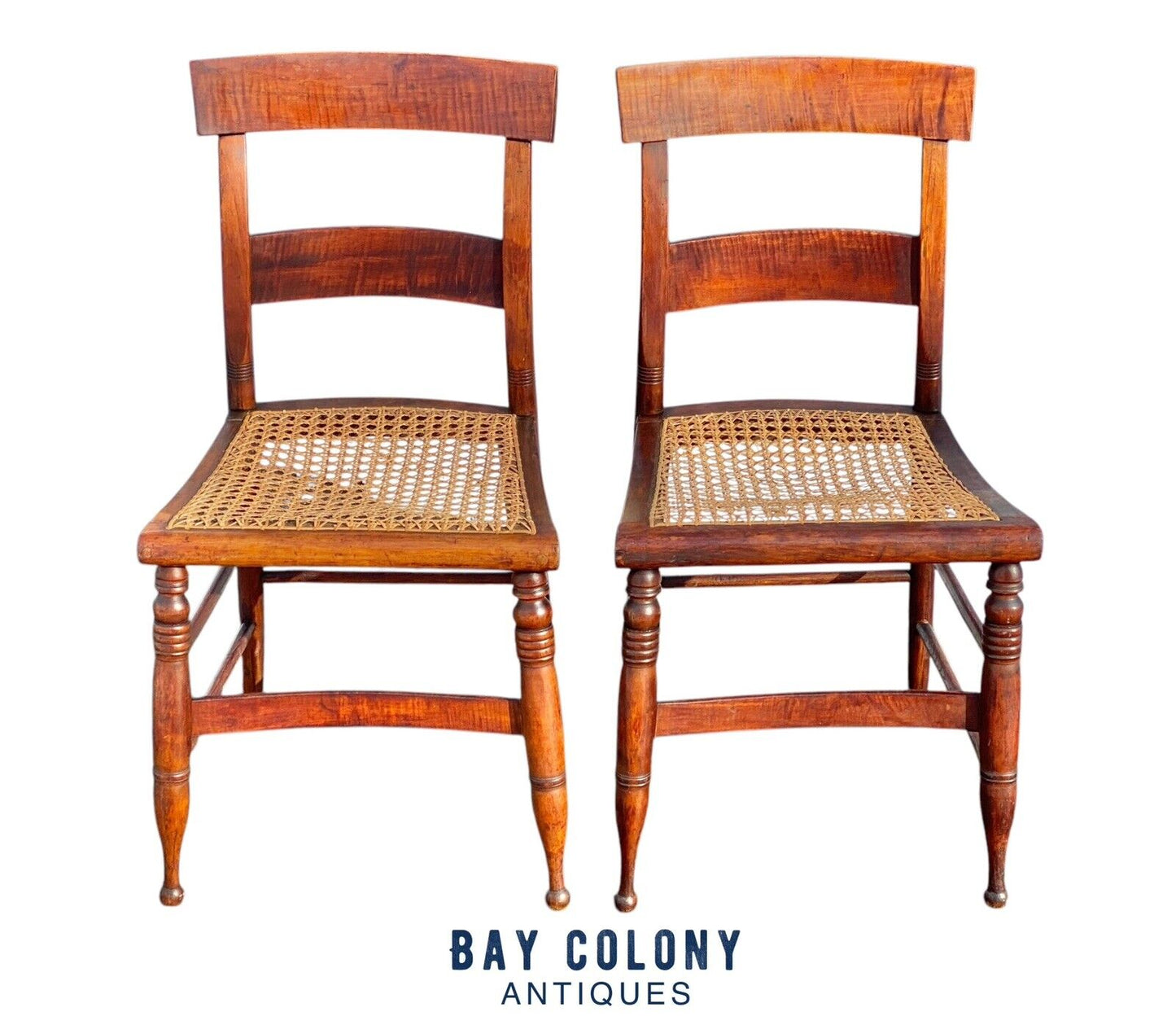 Pair of Antique Tiger Maple Chairs with Cane Seats - Bay Colony Antiques Antiques:Furniture:Chairs