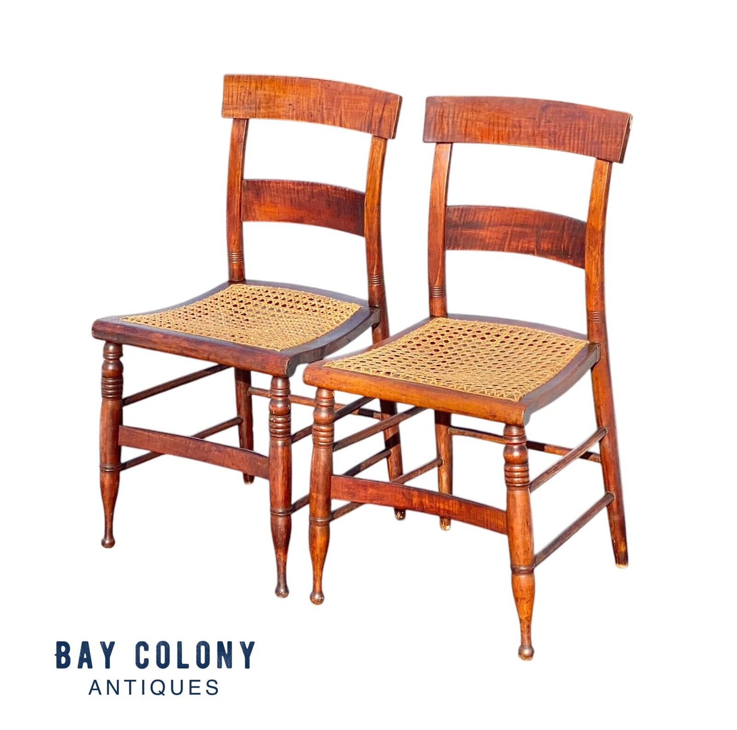 Pair of Antique Tiger Maple Chairs with Cane Seats - Bay Colony Antiques Antiques:Furniture:Chairs