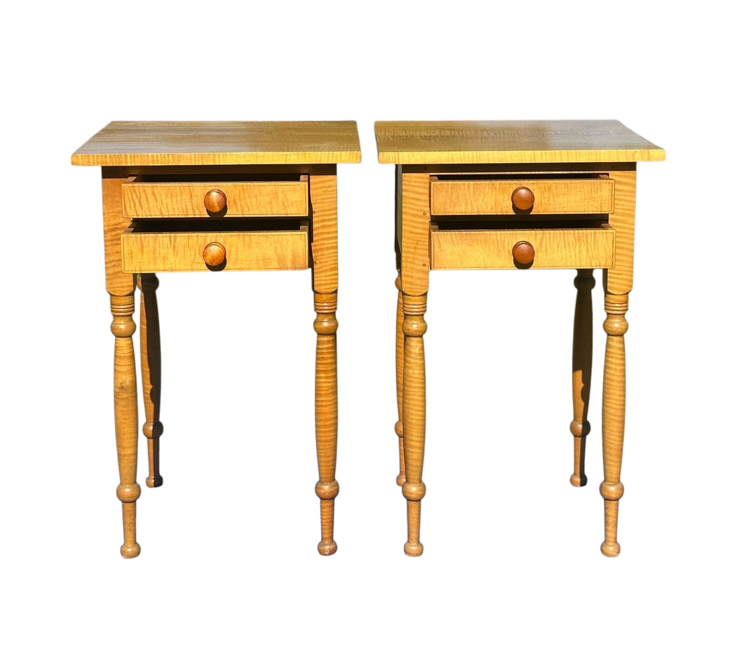 Pair of Federal Style Tiger Maple Two Drawer Nightstands - Bay Colony Antiques