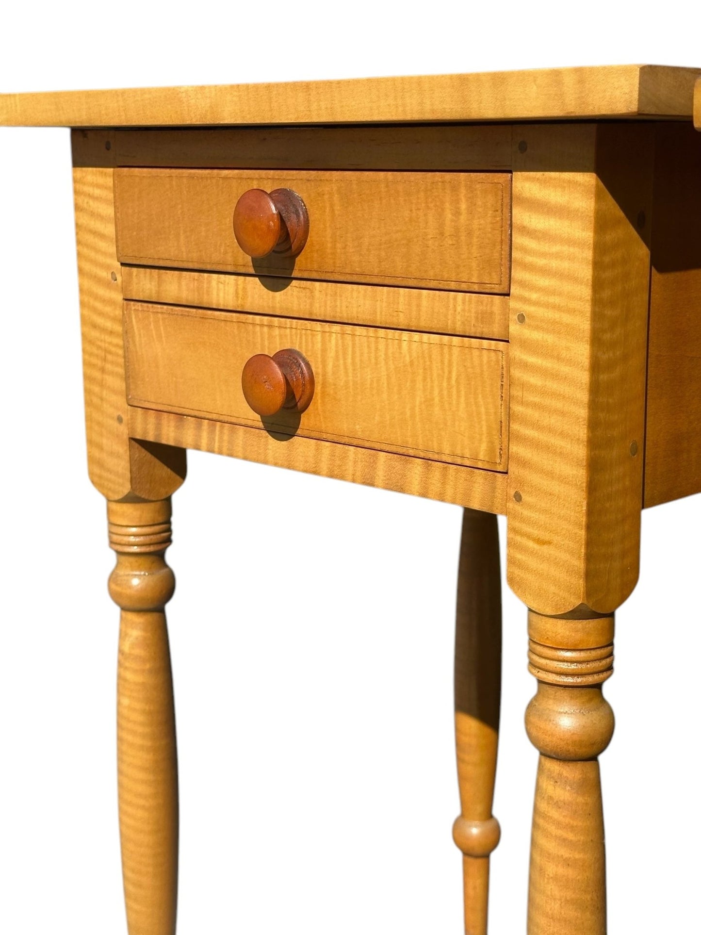 Pair of Federal Style Tiger Maple Two Drawer Nightstands - Bay Colony Antiques