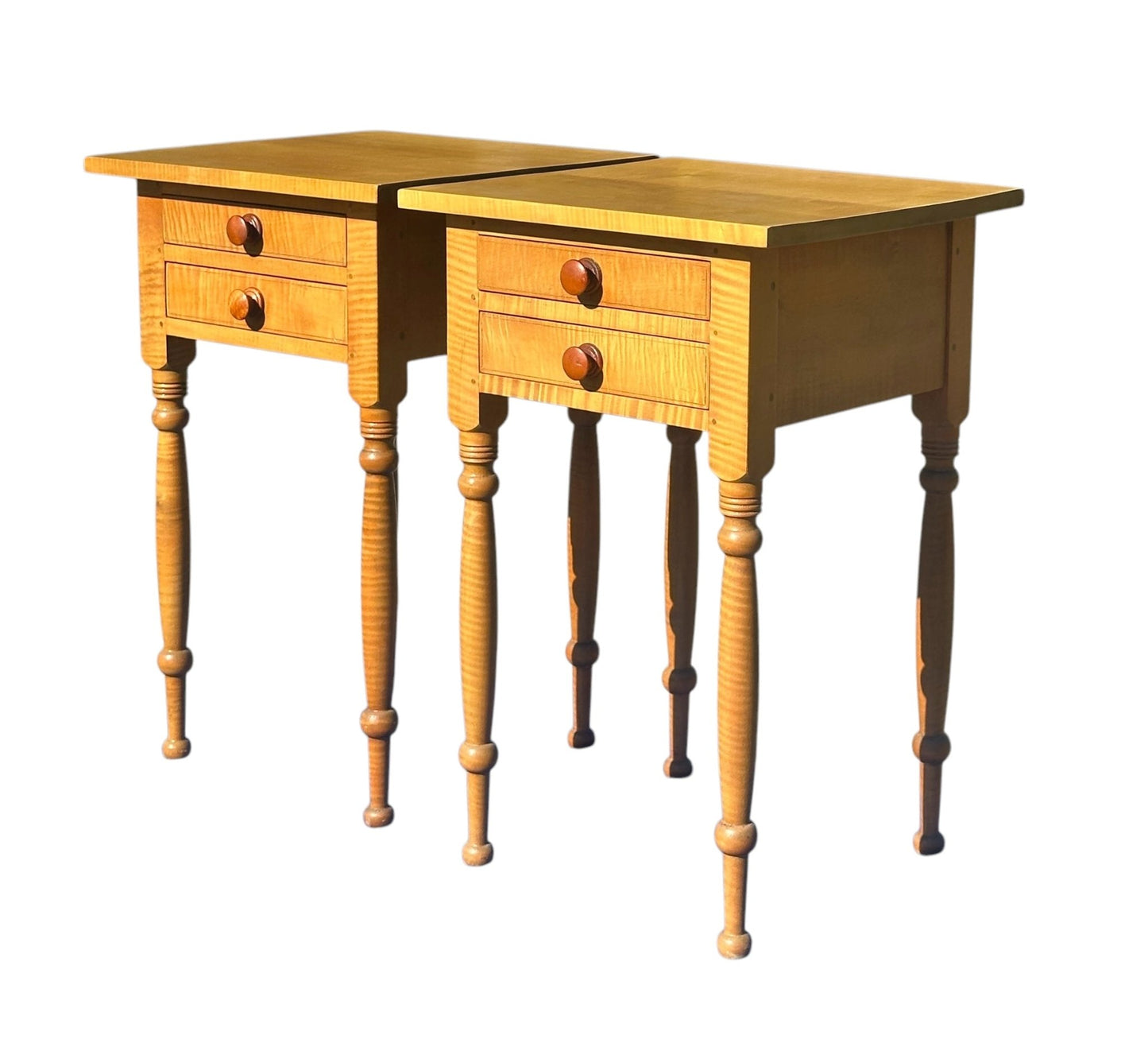 Pair of Federal Style Tiger Maple Two Drawer Nightstands - Bay Colony Antiques