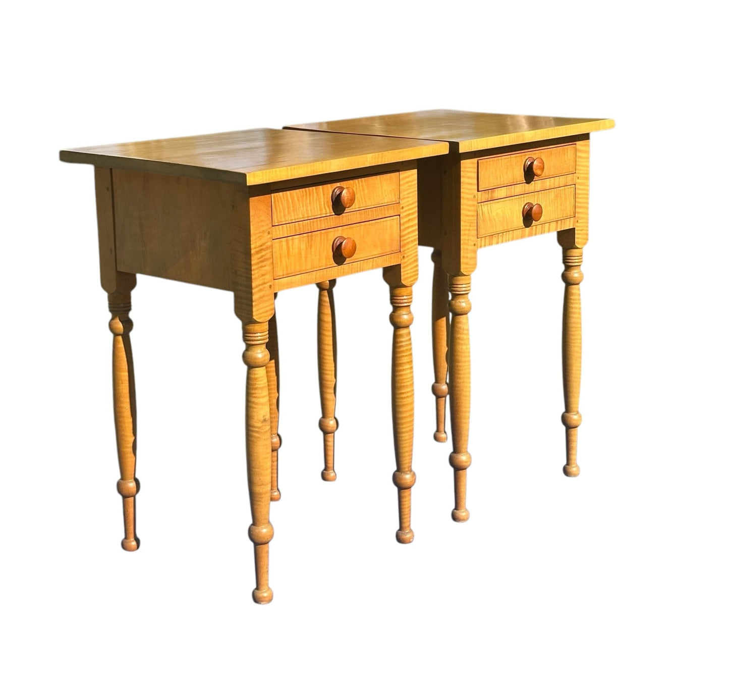 Pair of Federal Style Tiger Maple Two Drawer Nightstands - Bay Colony Antiques