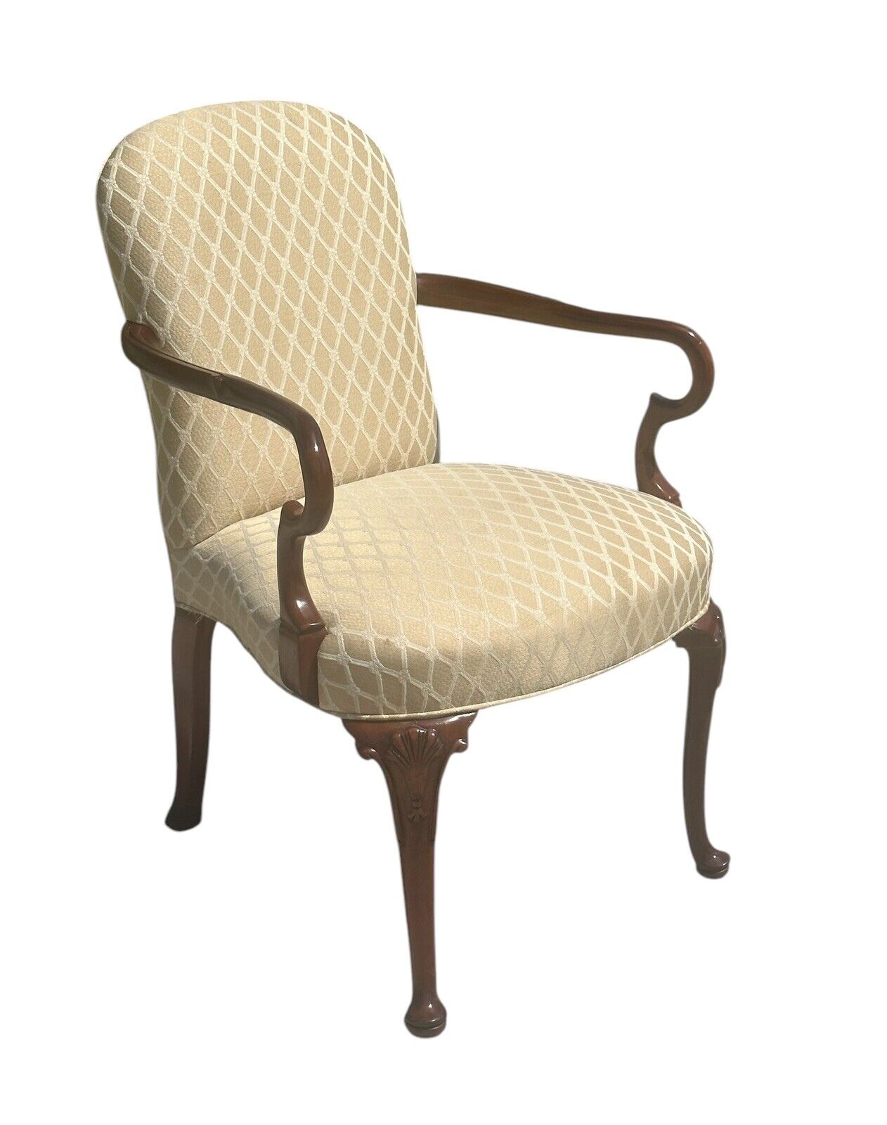 Pair of Georgian Style Cherry Shell Carved Embroidered Arm Chairs by Old Hickory - Bay Colony Antiques Antiques:Furniture:Chairs