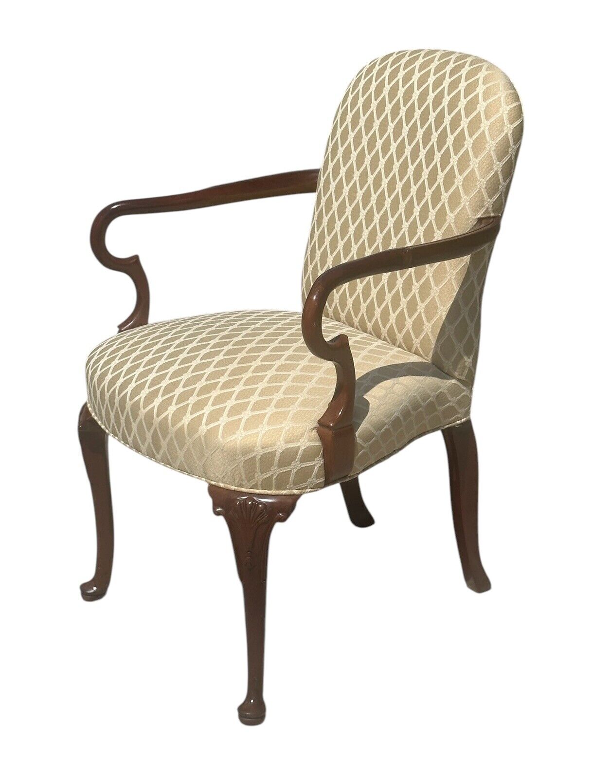 Pair of Georgian Style Cherry Shell Carved Embroidered Arm Chairs by Old Hickory - Bay Colony Antiques Antiques:Furniture:Chairs