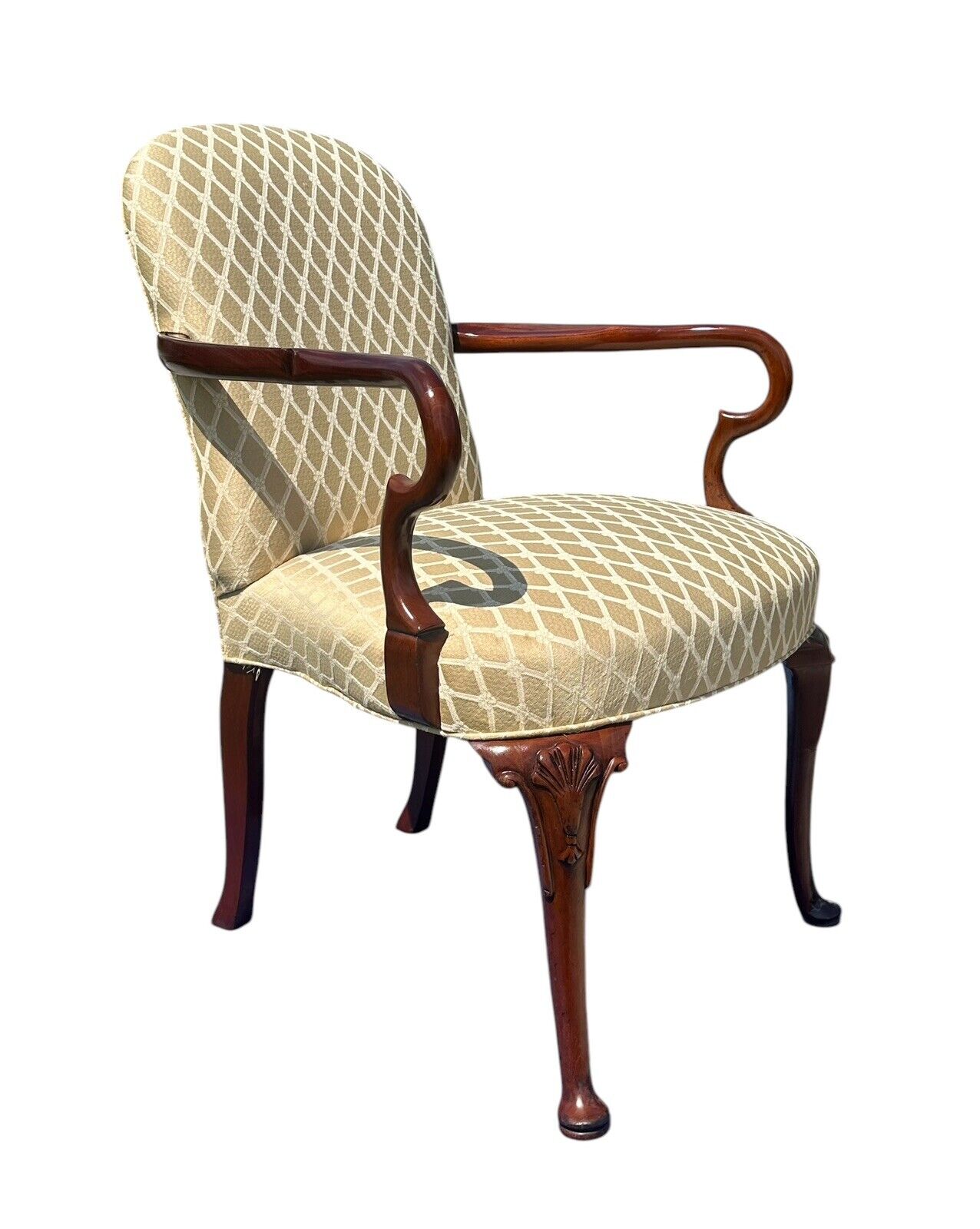 Pair of Georgian Style Cherry Shell Carved Embroidered Arm Chairs by Old Hickory - Bay Colony Antiques Antiques:Furniture:Chairs