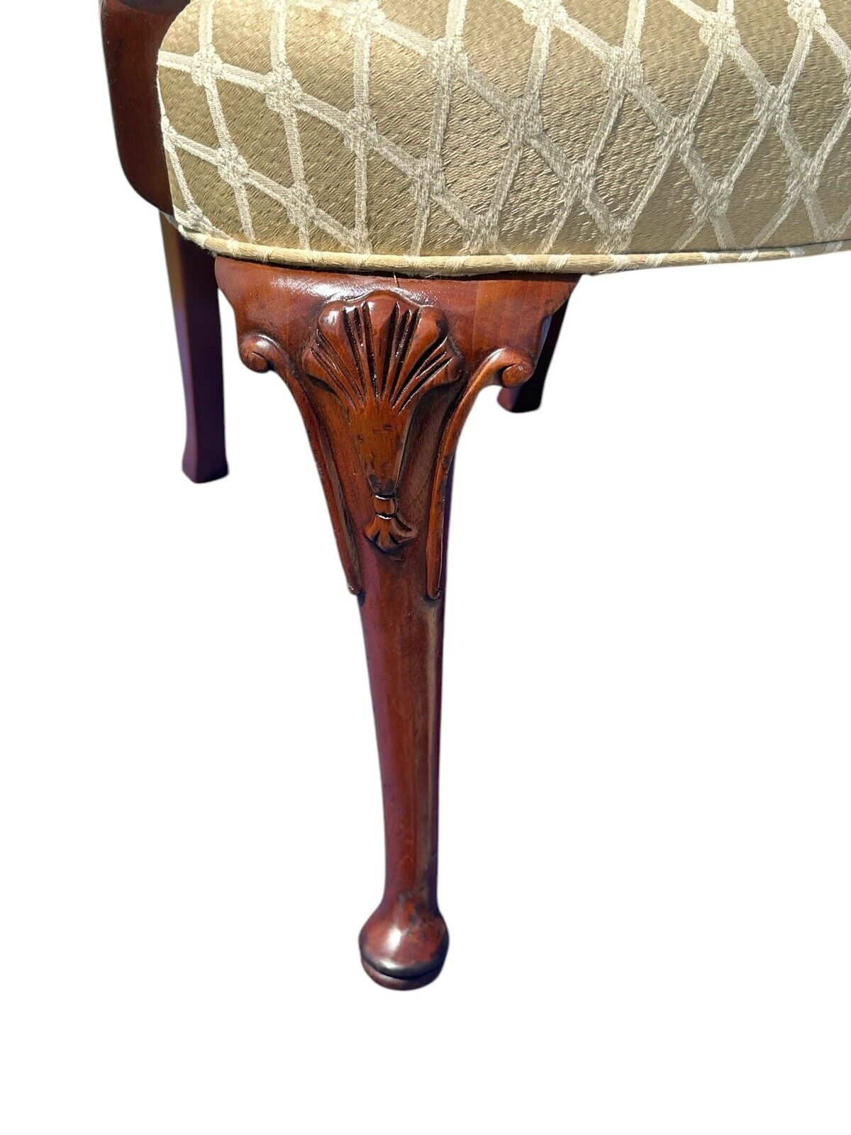 Pair of Georgian Style Cherry Shell Carved Embroidered Arm Chairs by Old Hickory - Bay Colony Antiques Antiques:Furniture:Chairs