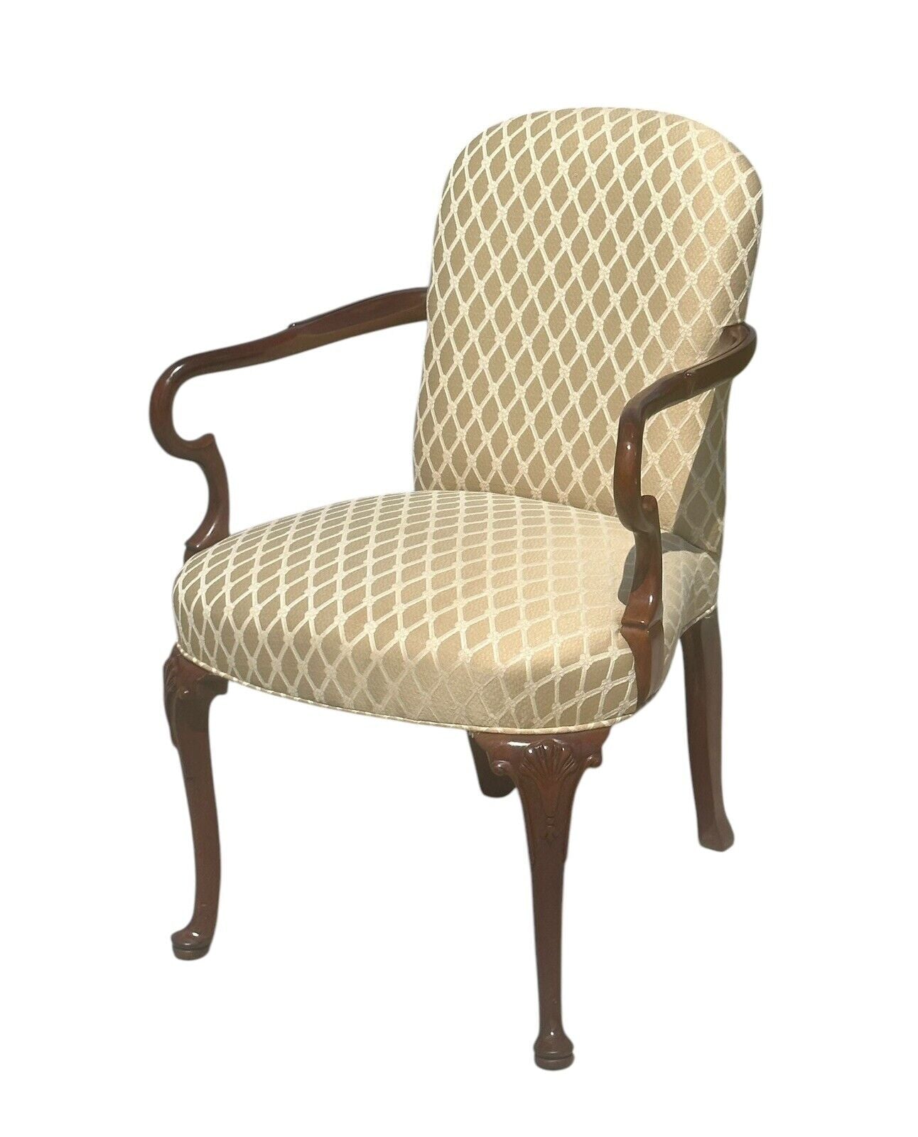 Pair of Georgian Style Cherry Shell Carved Embroidered Arm Chairs by Old Hickory - Bay Colony Antiques Antiques:Furniture:Chairs