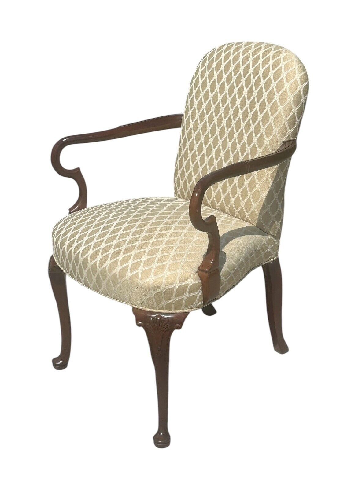 Pair of Georgian Style Cherry Shell Carved Embroidered Arm Chairs by Old Hickory - Bay Colony Antiques Antiques:Furniture:Chairs