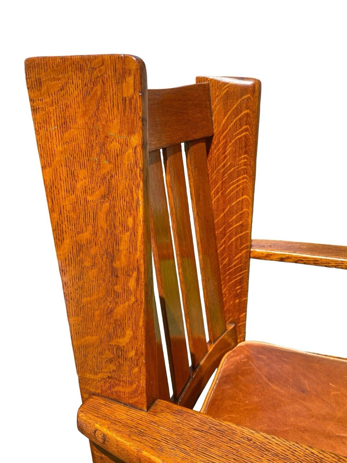 Rare Antique Art & Crafts Oak Wingback Armchair with Orange Leather Seat - Bay Colony Antiques Antiques:Furniture:Chairs