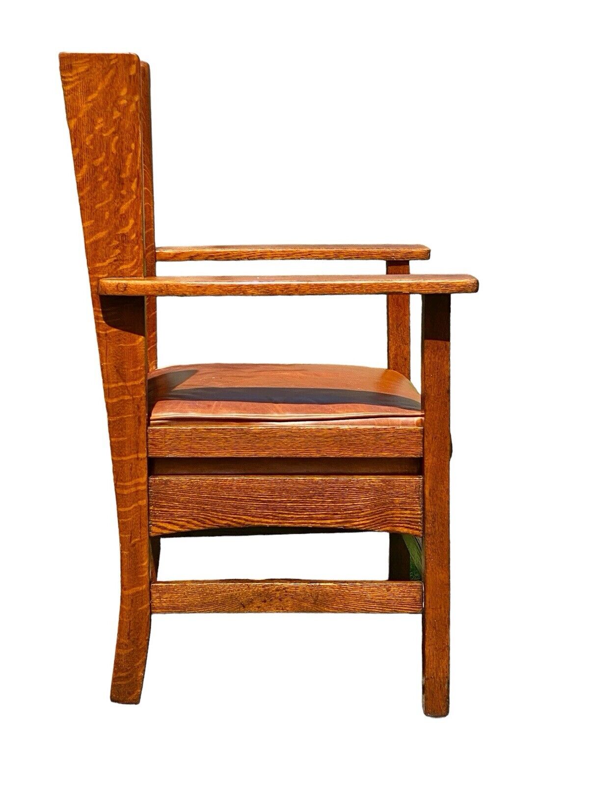 Rare Antique Art & Crafts Oak Wingback Armchair with Orange Leather Seat - Bay Colony Antiques Antiques:Furniture:Chairs